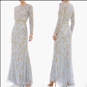 NEW MAC DUGGAL BEADED LONG SLEEVE EVENING GOWN Platinum Gold sz 10
